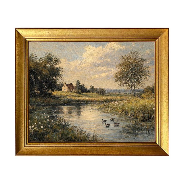 Framed Vintage River Landscape Oil Painting With Ducks Cottage Core Wall Art Country Landscape Canvas Print Artworks for Living Room Bedroom Bathroom Decor