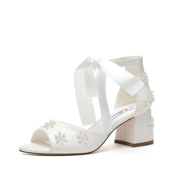 keflevz Pearl Wedding Shoes for Bride Open Toe Bridal Shoes Block Heel Wedding Sandals Ankle Strap Wedding Heels