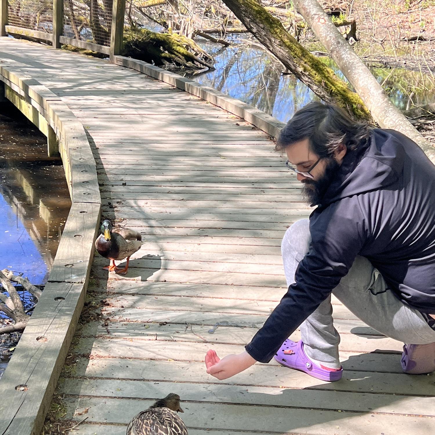 Robert trying to give ducks water that just hopped out of the water to see what he was offering, because ducks.