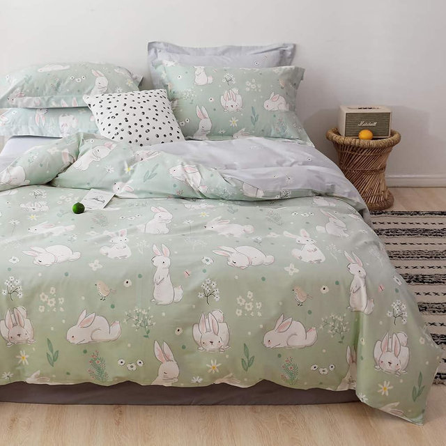 BlueBlue Rabbit Kids Duvet Cover Set Queen, 100% Cotton Bedding for Boys Girls Teens, Cartoon White Rabbit Flower Cute Pattern Print on Light Green, 1 Full Comforter Cover 2 Pillow Shams (Queen)