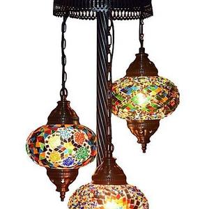 3 Globes Tiffany Floor Lamp Handmade Turkish Mosaic Glass Art Moroccan Lantern with Bulbs, 29.5" (75 cm) Height - 7" (18 cm) Diameter, Metal Body On/Off Switch Pendant Arabian Tiffany (Color Bomb)