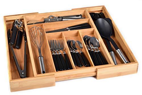 Bamboo Kitchen Drawer Organizer - Easily Adjust The Wooden Tray Width to Drawer Size, Deep Enough to Fit Entire Drawer and Accommodates Different Kitchen Utensil and Cutlery Sizes.