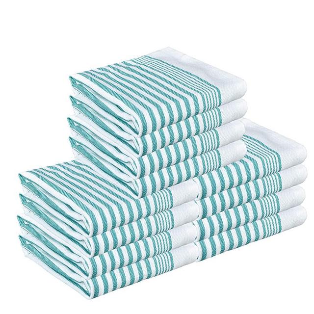 GLAMBURG 100% Cotton Kitchen Towels and Dish Cloth Sets, 12 Pack 18x28 Classic Stripe Dish Towels,Tea Towels,Bar Towels, Cleaning Towels, Highly Absorbent Dishcloth,Kitchen Towel Set - Teal