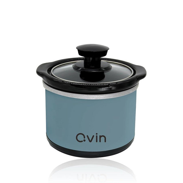 0.65-qt mini Round Slow Cooker, Fondue Melting Pot Warmer with Diswasher-safe 20oz Stoneware Crock, Glass Lid, Stainless Steel, Surf Blue