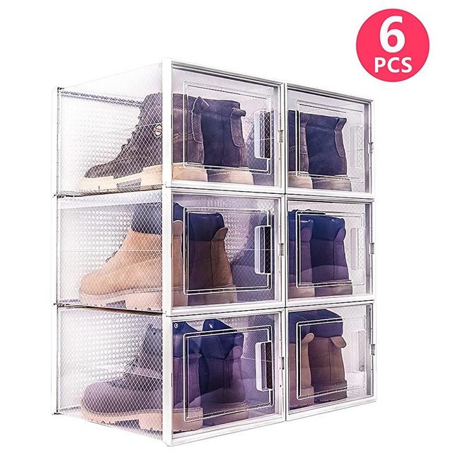 WAYTRIM Storage Shoe Box, Foldable Clear Sneaker Display Box, Stackable Storage Bins Shoe Container Organizer, 6 Pack - White, X-Large