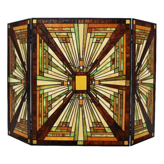 Chloe Lighting Innes Tiffany-Style 3pcs Folding Mission Fireplace Screen 45" Wide, Multicolor