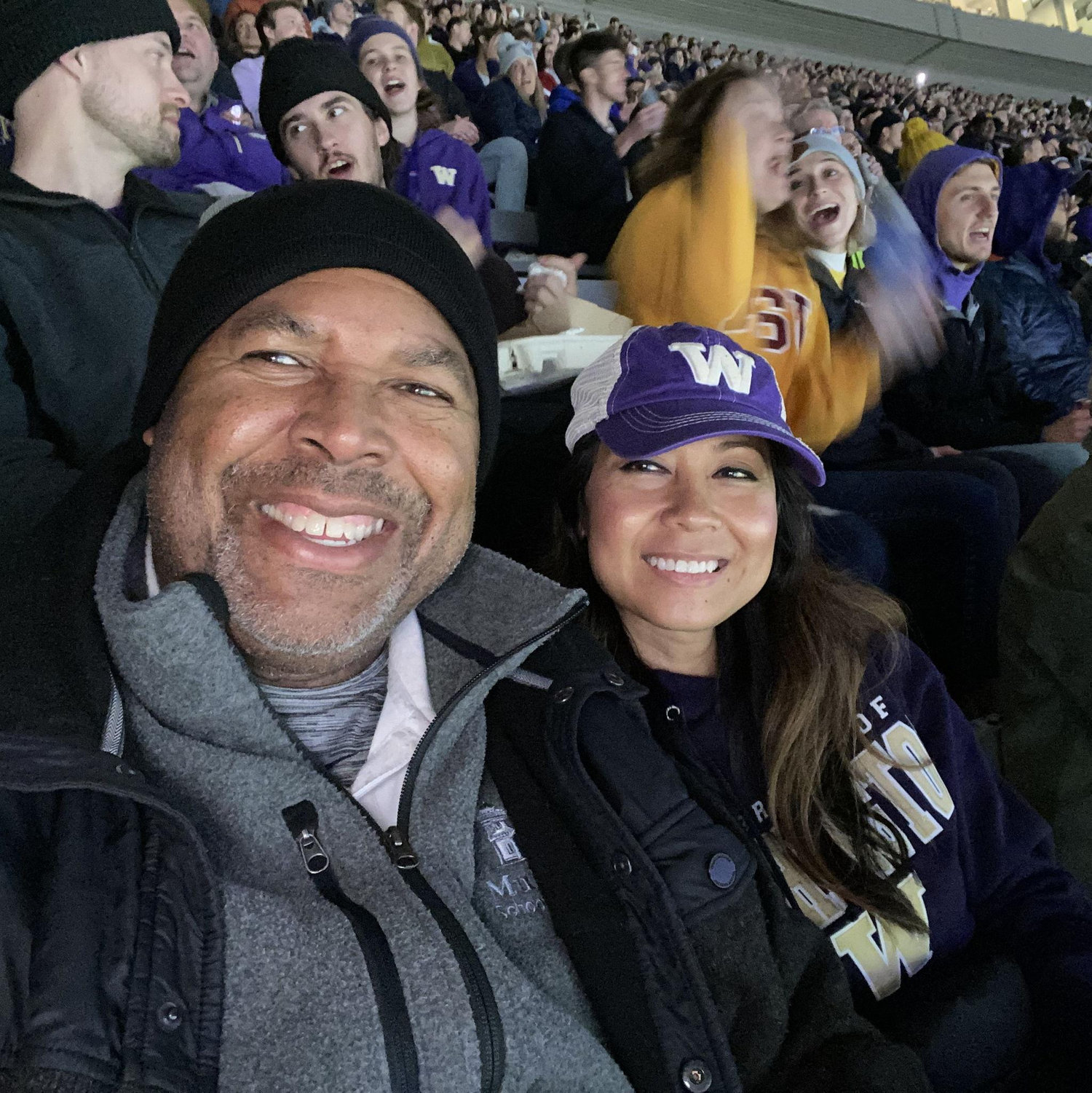 Mike and l love a good alumni rivalry game, especially when Washington Huskies take on the USC Trojans. To keep things fun, the loser wears the other's alumni gear.