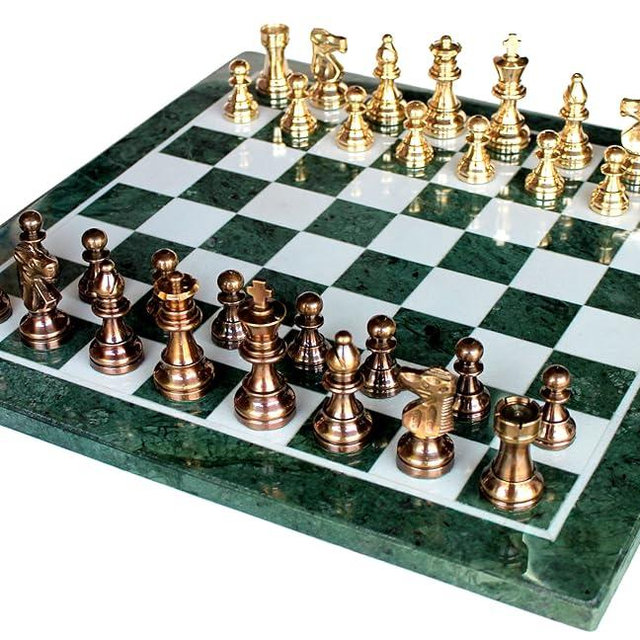 StonKraft Collectible Green Marble Chess Board Set + Brass Crafted Pieces Pawns - Decorative Stone Chess - Home Décor - 15" Inches