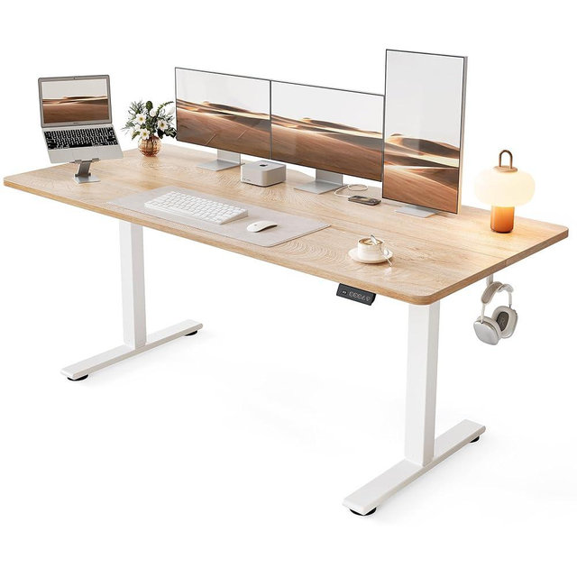 Cubiker Standing Desk, 63x28 Inches Sit Stand Home Office Desk, Electric Stand up Desk, Adjustable Desk with Splice Board, White Frame/Maple Top