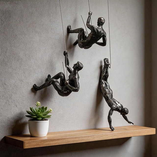 NestVogue Set of 3 Climbing Man Wall Sculpture - 3D Industrial Mountaineering Statue, Modern Abstract Rock Climber Wall Art, Easy-to-Hang Resin Figurine for Home Gym Office Decor, Vintage Bronze