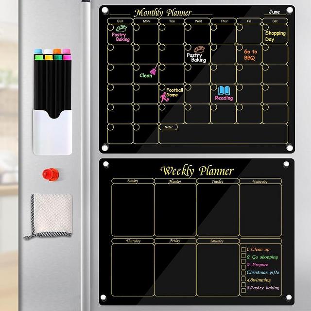 Magnetic Acrylic Calendar for Fridge 2Pcs Premium Black Acrylic Fridge Calendar Magnetic Dry Erase Monthly & Weekly Planner Board 16”x12"Reusable Magnetic Refrigerator Calendar with Markers Set