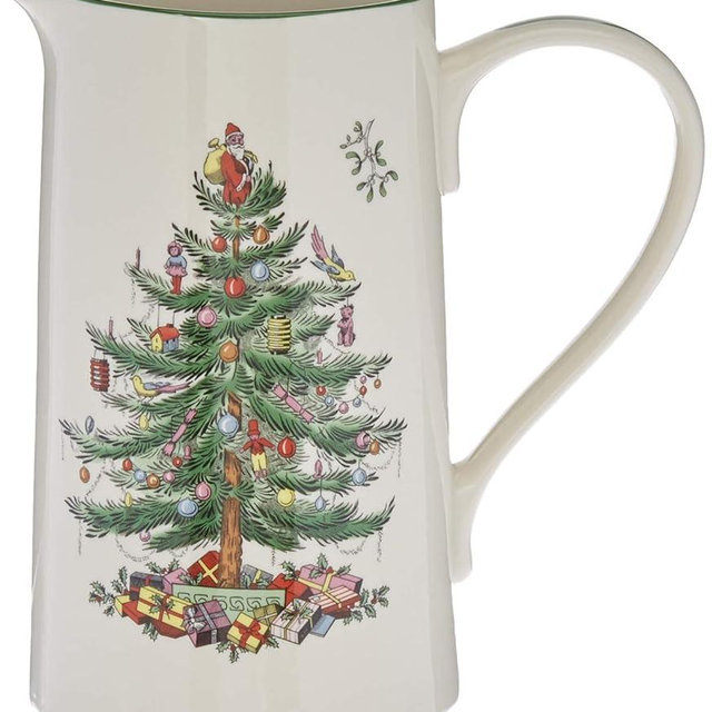 Spode- Christmas Tree Collection, Christmas Tree Design Jug, Green, 2-Pints, Used to Serve Milk, Cream, Juice, & More, Kitchenware Jug Made of Porcelain