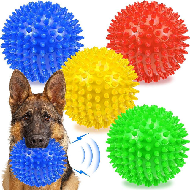 Ousiya 4.5" Squeaky Dog Balls for Aggressive Chewers - Heavy Duty Teething Toys for Large Medium Dogs - Durable Spikey Balls (4 Pack)