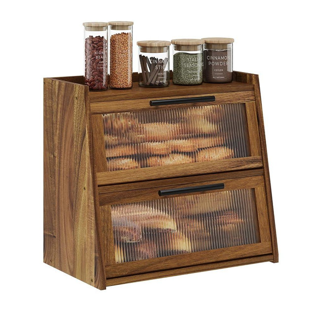 Furshus Bread Box for Kitchen Counter, Wooden Double Layer Bread Storage Container Bin,Bread Holde,Countertop Bread Storage with Window