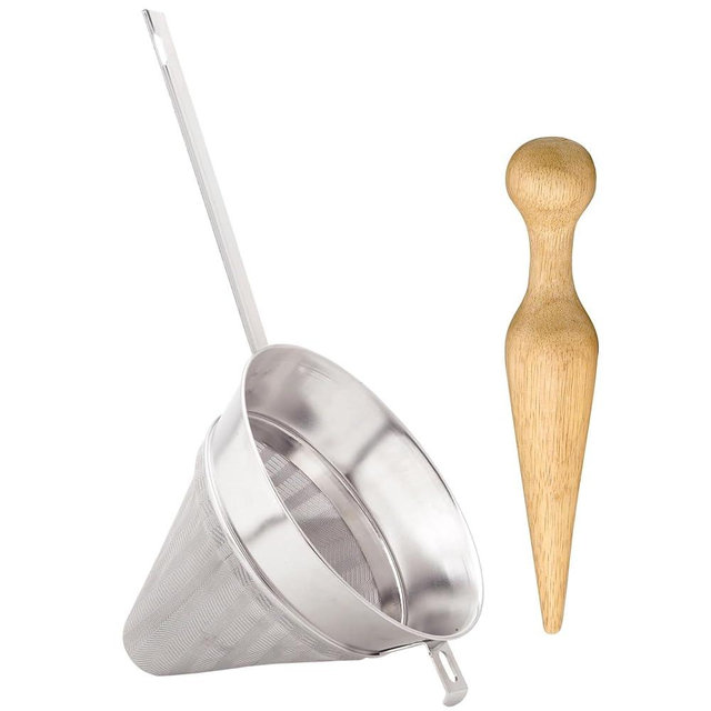 HIC Kitchen Chinois Sieve And Wooden Pestle, 18/8 Stainless Steel, Hardwood, 2-Piece Set, For Making Sauces, Purees, Canning, And Straining Soups
