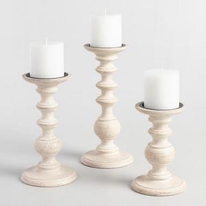 White Wood Pillar Candleholder, Set of 3