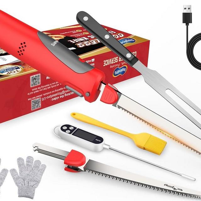 Cordless Electric Knife Easy Slice and Assemble with Storage Case, Serrated Edge Blades Carving Set with Ergonomic Handle and Safety Lock for Turkey, Meat, Bread, Ribs, Fillet and Foam