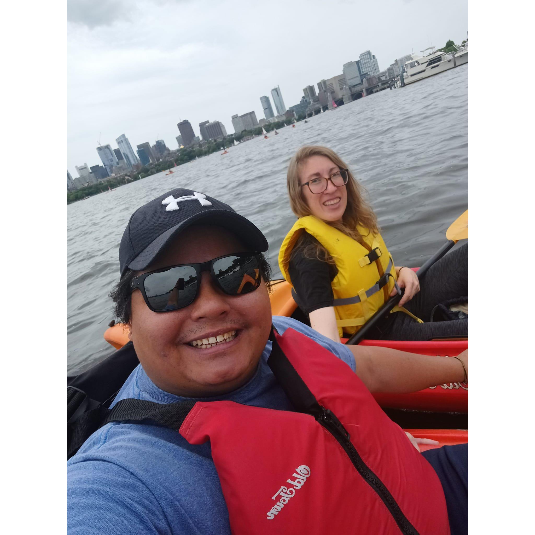 Kayaking on the Charles. Double kayaks next time. July 2022.