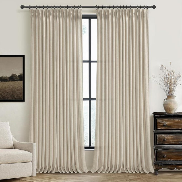 Warm Beige Thick Linen Blend Sheer Curtains 96 Inches Long for Living Room 2 Panels Set, Pinch Pleat Modern Farmhouse Burlap Windows Curtain for Dining Room Light Filtering Drapes with Hook Ring Brown