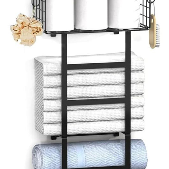 Towel Racks for Bathroom, 34IN Towel Rack Wall Mounted with 2 Pack Towel Shelf and a Wire Basket, Rolled Towel Holder Shelf Bathroom Storage and Organizer, Sturdy Metal & Wood, Black