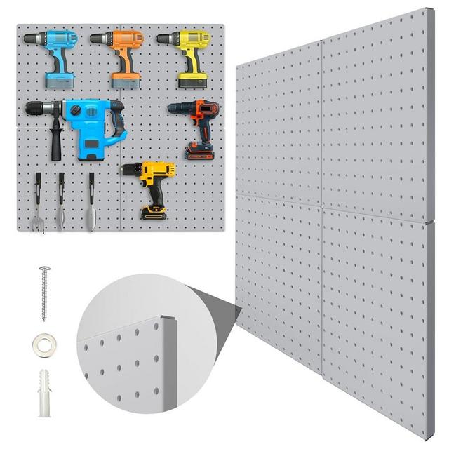Hogurity Peg Board, 4 Pack Metal Pegboard Panels Grey Pegboards Wall Organizer with Bent Frame Large Heavy Duty Peg Board for Walls Home, Garage Tool Storage, Office Organization, Craft Room, Kitchen