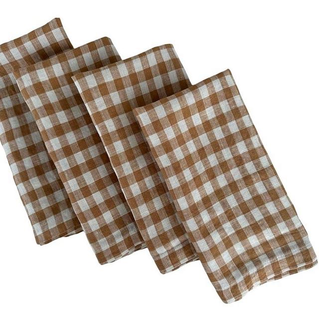 Linen Napkins – 100% French Flax – Stonewashed Pure Linen Cloth Napkins – Mitered Corners – Set of 4 (Tan Check)