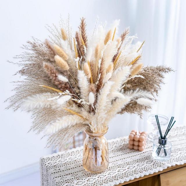 120PCS Natural Pampas Grass Mix Bouquet | Dried Pampas Bouquet for Wedding Boho Flowers Home Table Decor Desk Decor, Rustic Farmhouse Decor (120PCS)