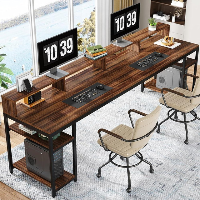 Tribesigns Two Person Desk with Monitor Stand, 78.74" Long Double Computer Office Desk with Storage Shelves, Large Gaming Desk Study Writing Table Workstation for Home Office, Rustic Brown