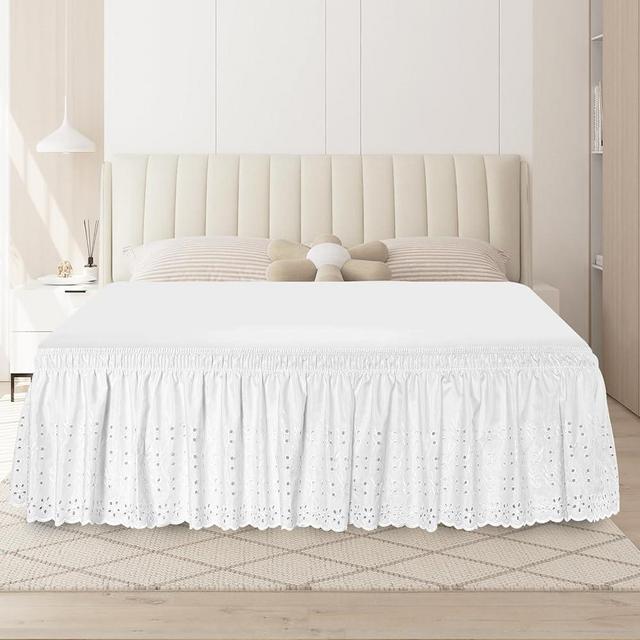 ANARACHON King Bed Skirt, Wrap-Around Elastic Ruffled Eyelet Bed Skirt King Size Dust Ruffle with Gathered Styling and Embroidered Details, 18" Drop Length (White)