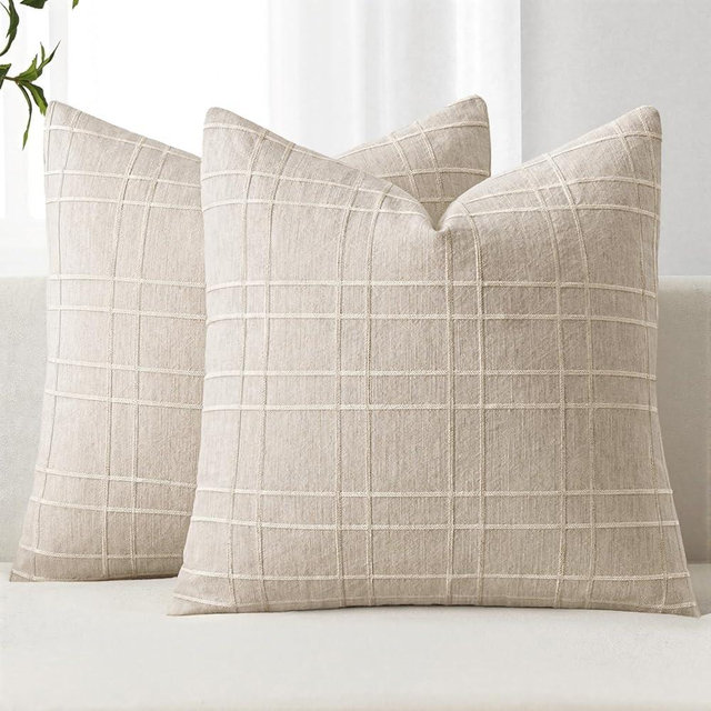 MIULEE Decorative Linen Check Throw Pillow Covers Neutral Farmhouse Vintage Pillow Covers 16x16 Set of 2 Boho Modern Home Decor for Sofa Couch Bedroom Cushion Natural Beige