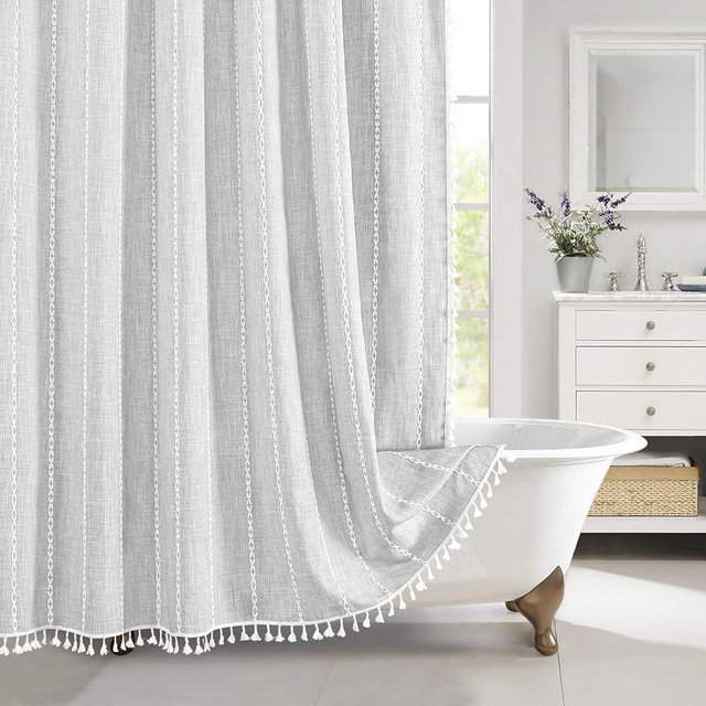 MitoVilla Boho Farmhouse Shower Curtains for Modern Farmhouse Bathroom Decor, Grey Country Thick Cotton Linen Fabric Shower Curtain, Rustic Tassel Cloth Shower Curtain, 72 x 72, Light Grey