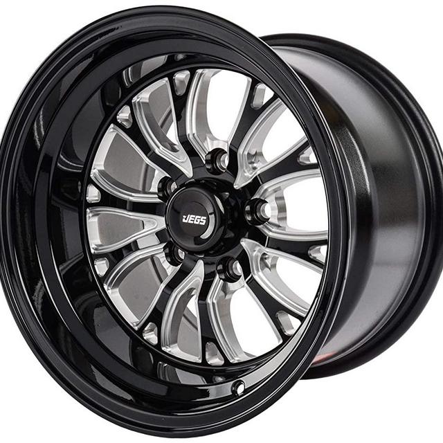 JEGS SSR Spike Wheel 15 x 10 | 5 x 4.75” Wheel Bolt Pattern Spacing | 0 mm Offset | 5.5” Backspacing | Gloss Black with Milled Spoke Accents | 3.27” Center Bore