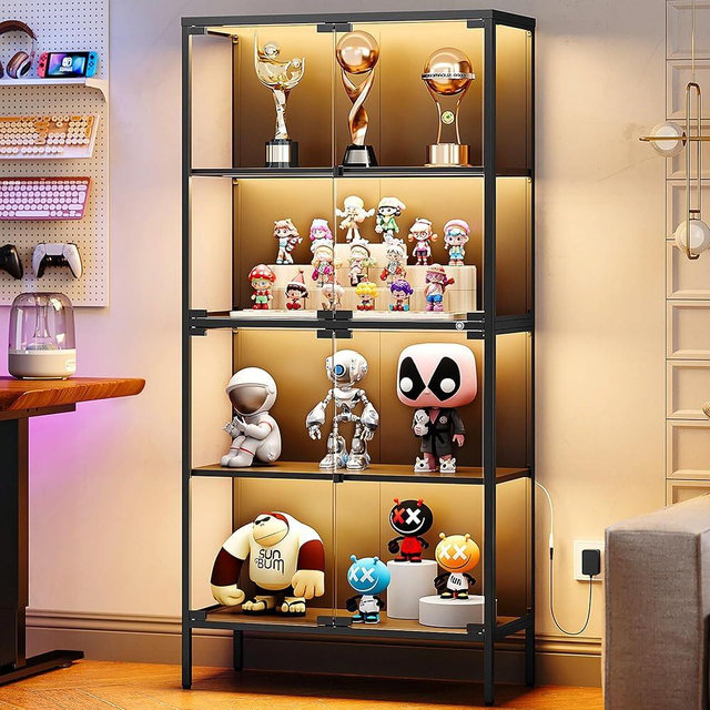PEUKC 65" Glass Display Cabinet with 3-Color LED Light, Display Case with 4 Tempered Glass Doors and Shelves, Metal Frame Curio Storage Cabinet for Collectibles, Figures, Awards, Book, Toy (Black)
