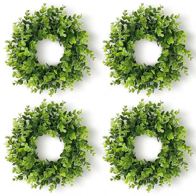 DDHS 4 Packs Artificial Boxwood Small Wreath for Front Doors, 11 Inch Green Leaves Wreath, Spring Summer Mini Wreaths for Indoor Outdoor Hanging Wall Window Wedding Home Decor Party Farmhouse