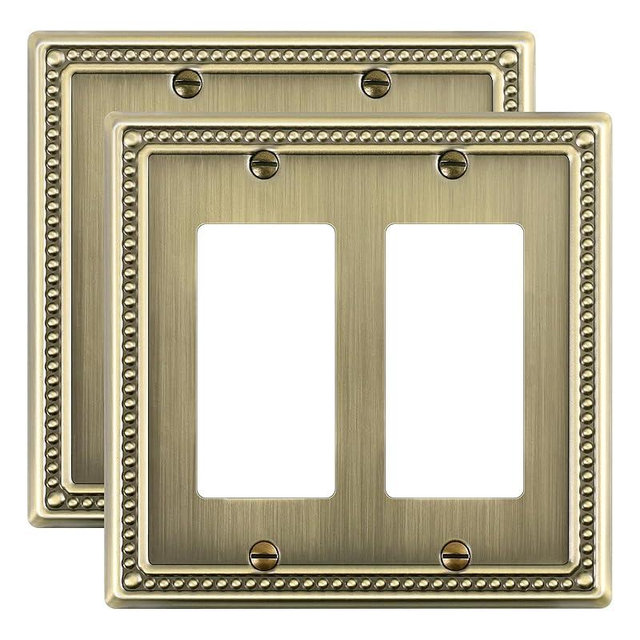 TREEWELL 2-Pack Double Decorator Outlet Cover Plate, Pearls Decorative Switch Plates and Outlet Covers, 2 Gang Antique Brass Metal Wall Plates, Corrosion Resistant