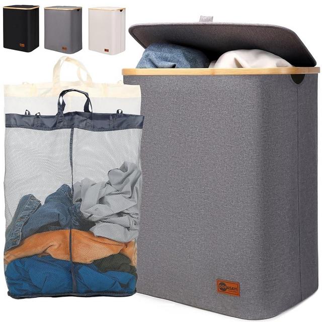 DOFASAYI Laundry Hamper with lid - 145L Large Laundry Basket with Removable Bags and Bamboo Handles, Portable Dirty Clothes Hampers for Laundry, Bathroom, Bedroom & Laundry Room, Grey