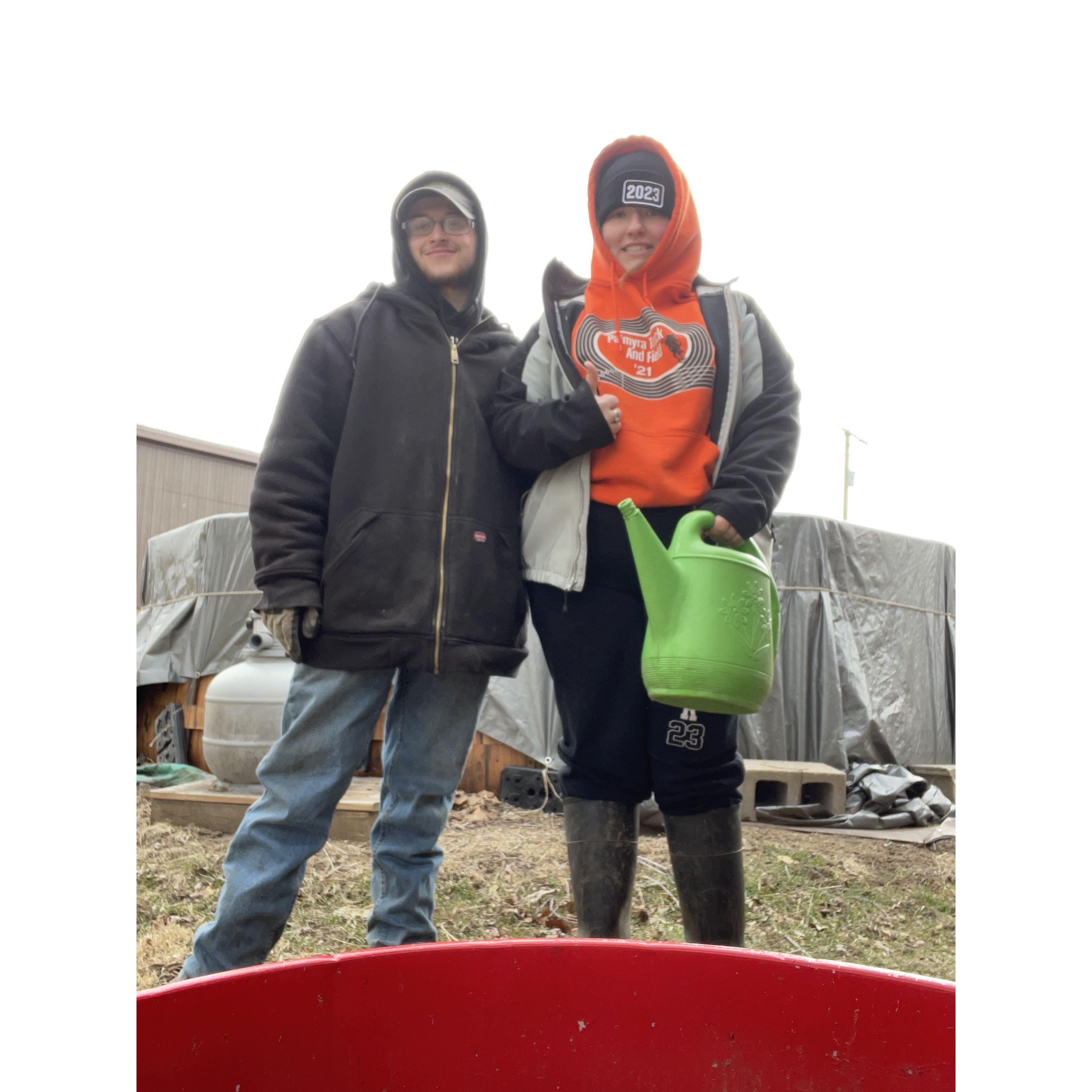 Taking care of the chickens in the cold