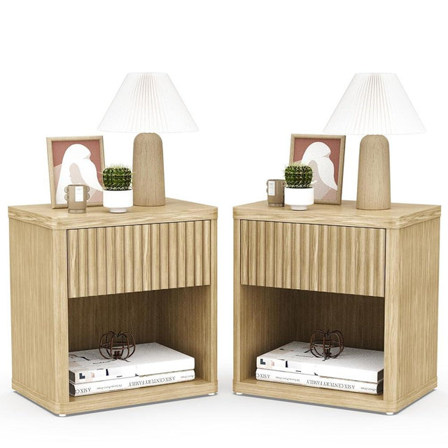 Fiaygro Fluted Nightstand Set of 2, 22.7" Wide Bedside Table with Drawer and Storage, Mid Century Modern Wood End Table, Large Night Stand for Bedroom, Living Room