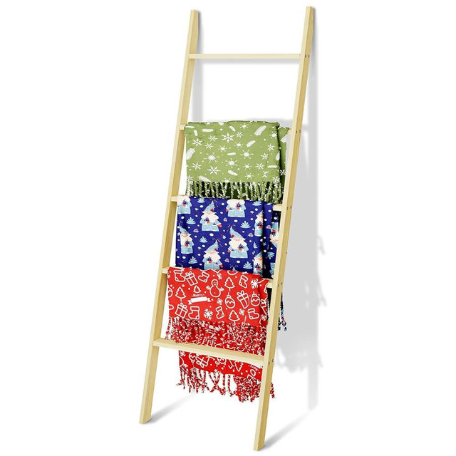 5-Tier Blanket Ladder Wooden, Non-folding 4.8FT(57.5'') Blanket Towel Holder Rack Decorative Ladder, Easy Assembly, Rustic Farmhouse Ladder Shelf for The Living Room Bedroom Home Decor, Unfinished
