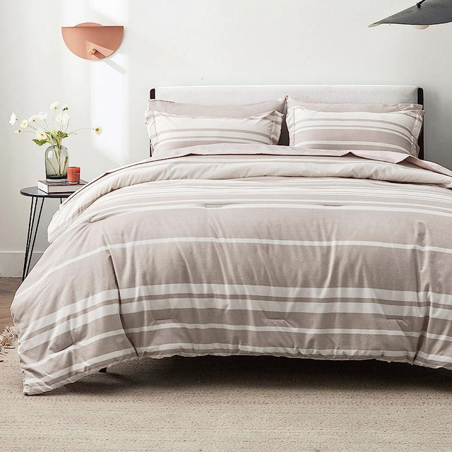 Bedsure Bed in a Bag Queen Size 7 Pieces, Khaki White Striped Bedding Comforter Sets All Season Bed Set, 2 Pillow Shams, Flat Sheet, Fitted Sheet and 2 Pillowcases