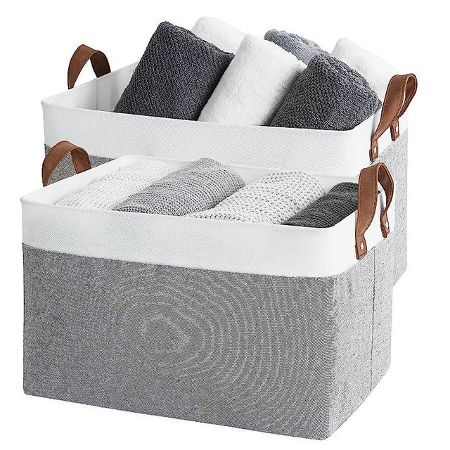 StorageWorks Storage Bins for Closet with Metal Frame, Storage Baskets for Shelves, Rectangle Closet Baskets and Bins for Organizing, Grey and White, 2-Pack