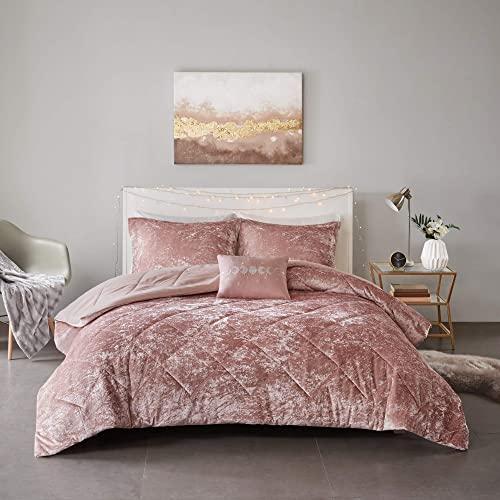 Intelligent Design Felicia Luxe Comforter Velvet Lush Double Sided Diamond Quilting Modern All Season Bedding Set with Matching Sham, Decorative Pillow, Full/Queen(90"x90"), Blush
