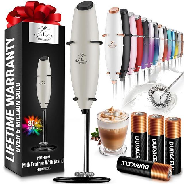 Zulay Powerful Milk Frother (4 Duracell Batteries Included) - Handheld Milk Frother Wand Drink Mixer for Coffee - Powerful Milk Foamer for Cappuccino, Frappe, Matcha - Exec Grey/Black/Black Stand