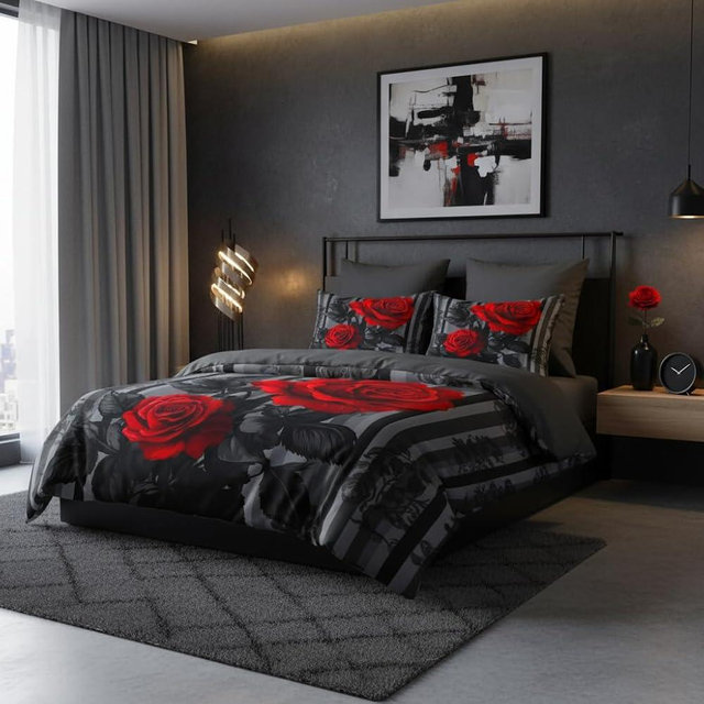 CCoutueChen Black Red Comforter Set King Size for Women Black Grey Stripe Bedding Set with Red Rose Print Watercolor Tie-dye Botanical Leaves Plants Decor Comforter with 2 Pillowcases,3Piece