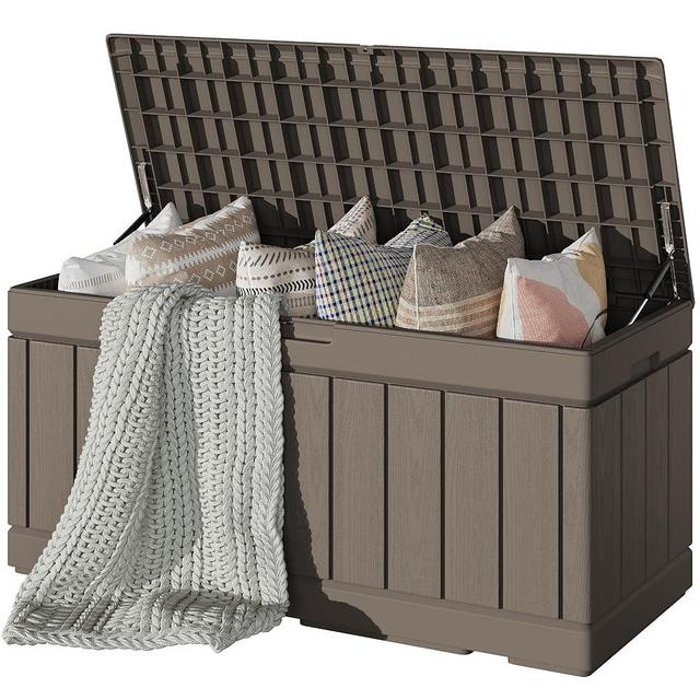 Devoko 80 Gallon Deck Box, Waterproof Resin Outdoor Storage Box for Outside and Patio, Outdoor Storage Bench Lockable for Patio Furniture, Garden Tools and Pool Supplies (Light Brown, 80 Gallon)