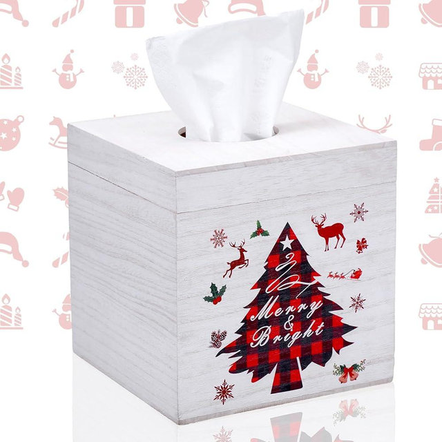 Gerrii Christmas Tissue Box Cover Square Wooden Tissue Box Cube Organizer Farmhouse Christmas Tissue Box Holder Bathroom Essentials Accessories Holiday Office Home Decor, 6.69 x 6.69 x 6.69 Inch