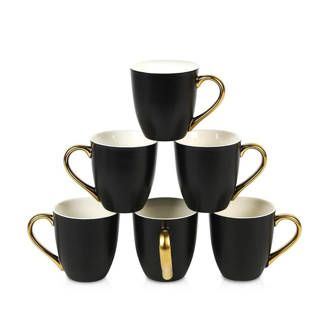 vicrays Coffee Mug Set, 11 Ounce, Set of 6, Ceramic Mug for Men, Women, Unique Glazed Mugs with Handle for Coffee, Tea, Milk, Cocoa, Cereal(Black with Golden)