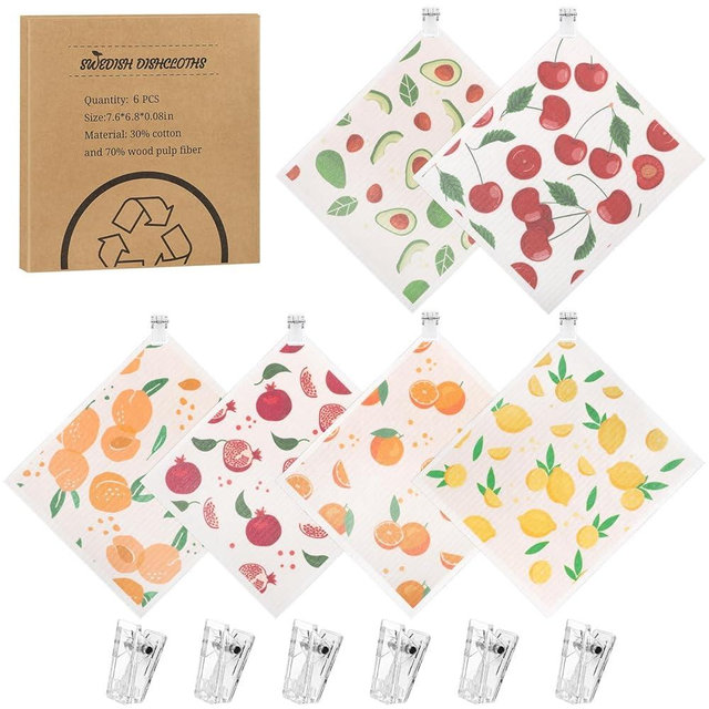 6 Pack Swedish Dishcloths for Kitchen, Swedish Rags Reusable Paper Towels Swedish Dish Towels with Clips, Dish Rags Absorbent Dish Cloth No Odor for Cleaning Home Kitchen（Fruit Patterns）