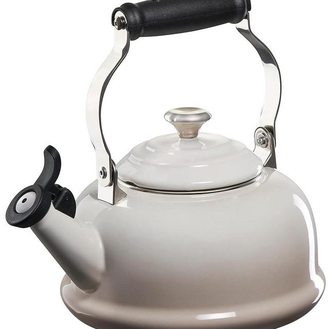 Le Creuset Enamel On Steel Whistling Tea Kettle with Metal Finishes, 1.7 qt., Meringue