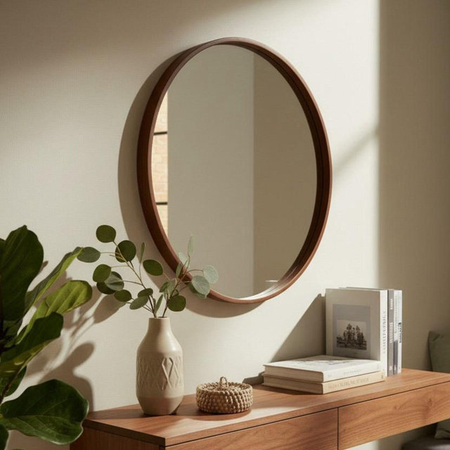 Round Solid Wood Wall Mirror, Oak Walnut or Black Frame, Bathroom & Entryway Mirror